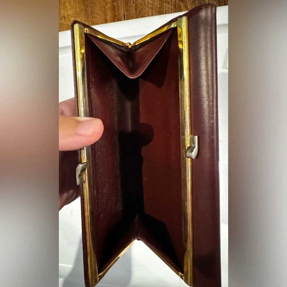 Cartier Vintage Burgundy Leather Trifold Double Snap Long Wallet